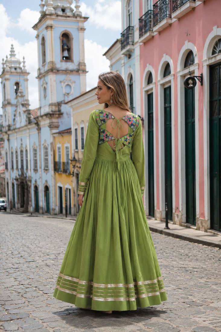 p green cotton free size stitched anarkali suit with thread embroidery work