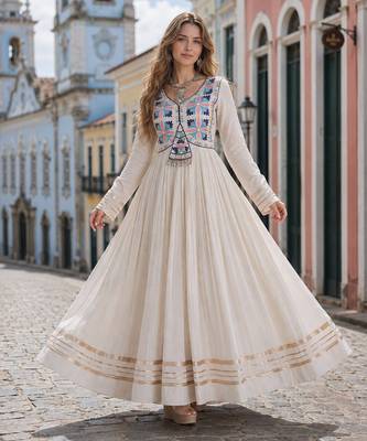 white cotton free size stitched anarkali suit with thread embroidery work 1