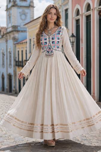 white cotton free size stitched anarkali suit with thread embroidery work