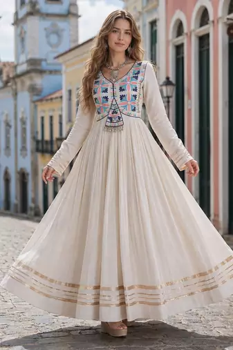 white cotton free size stitched anarkali suit with thread embroidery work