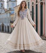 white cotton free size stitched anarkali suit with thread embroidery work
