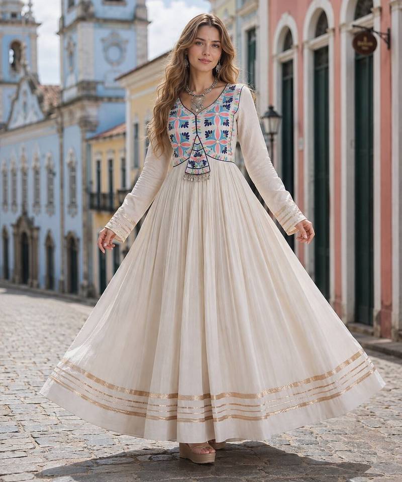 white cotton free size stitched anarkali suit with thread embroidery work
