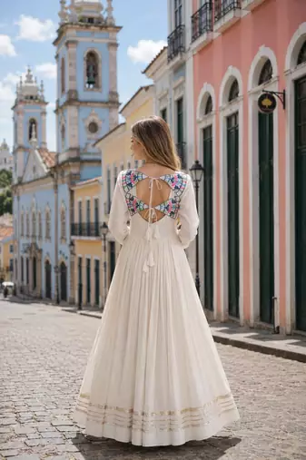 white cotton free size stitched anarkali suit with thread embroidery work