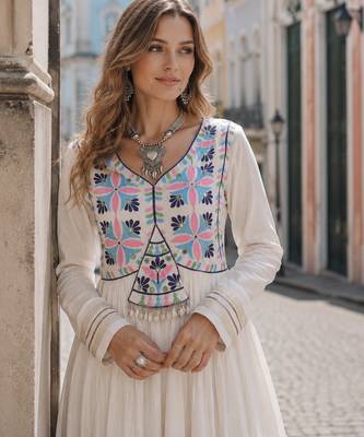 white cotton free size stitched anarkali suit with thread embroidery work 3