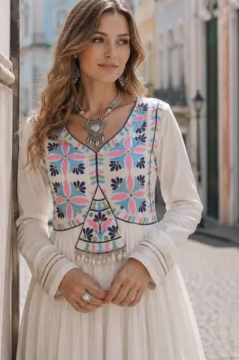 white cotton free size stitched anarkali suit with thread embroidery work