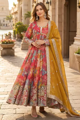 peach silk blend   readymade anarkali suit with zari & sequence work
