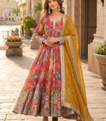 peach silk blend   readymade anarkali suit with zari & sequence work