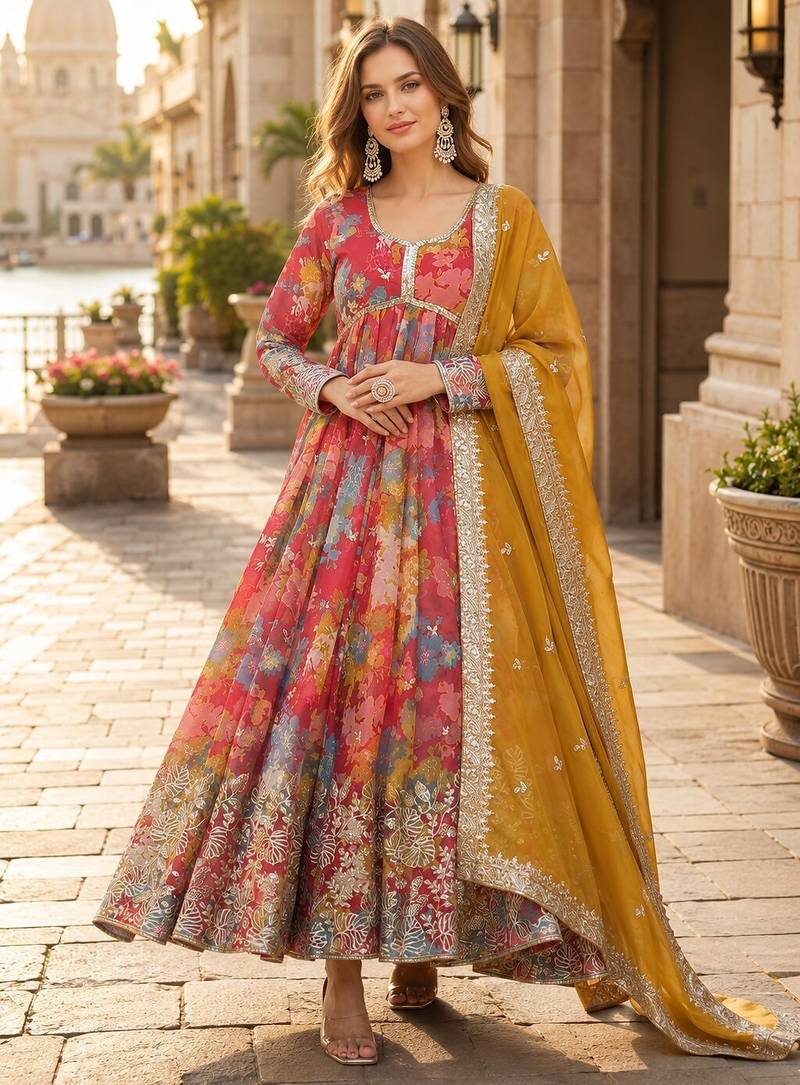 peach silk blend   readymade anarkali suit with zari & sequence work