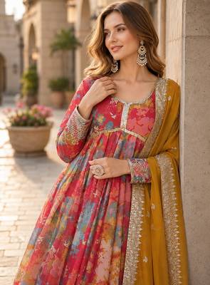 peach silk blend   readymade anarkali suit with zari & sequence work 2