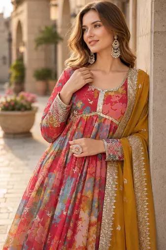 peach silk blend   readymade anarkali suit with zari & sequence work
