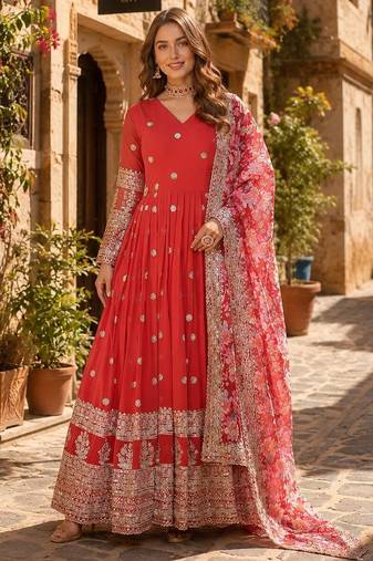 red georgette readymade anarkali suit with zari & sequence work