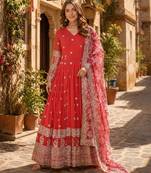 red georgette readymade anarkali suit with zari & sequence work