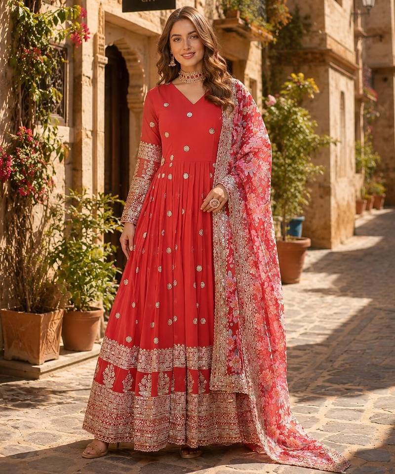 red georgette readymade anarkali suit with zari & sequence work