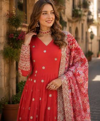 red georgette readymade anarkali suit with zari & sequence work 2