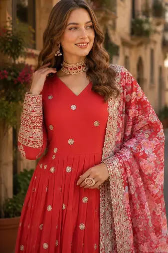 red georgette readymade anarkali suit with zari & sequence work