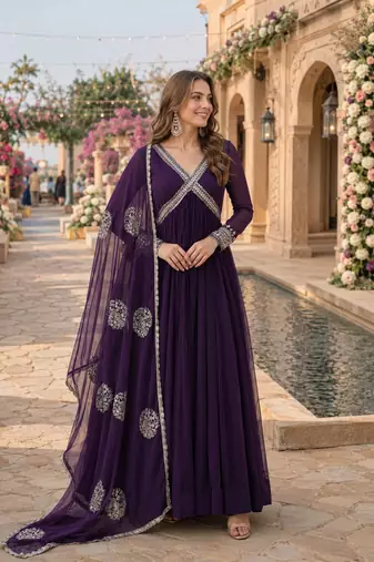 violet georgette readymade anarkali suit with zari & sequence work