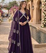 violet georgette readymade anarkali suit with zari & sequence work
