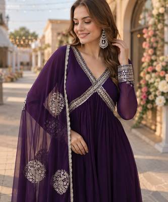 violet georgette readymade anarkali suit with zari & sequence work 2