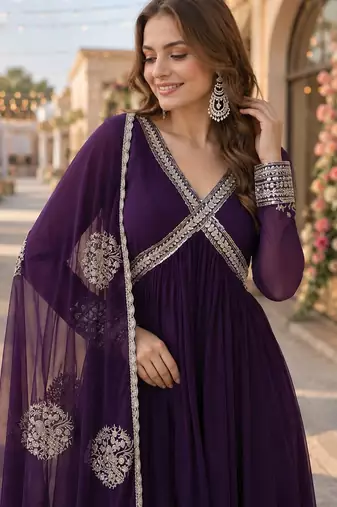 violet georgette readymade anarkali suit with zari & sequence work