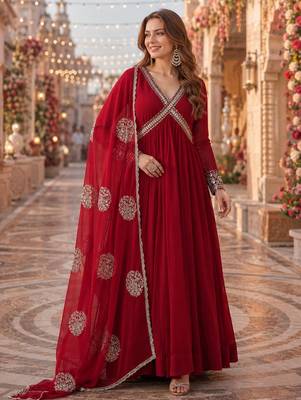 maroon georgette readymade anarkali suit with zari & sequence work 1
