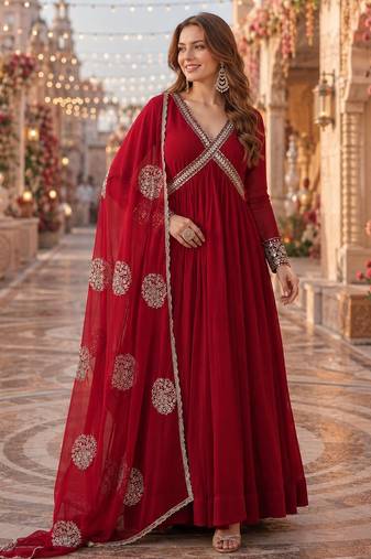 maroon georgette readymade anarkali suit with zari & sequence work