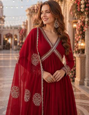 maroon georgette readymade anarkali suit with zari & sequence work 2