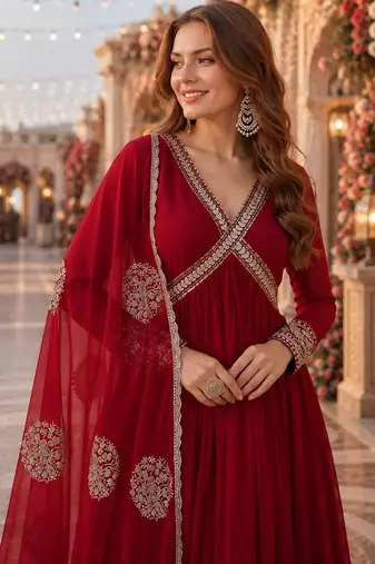 maroon georgette readymade anarkali suit with zari & sequence work