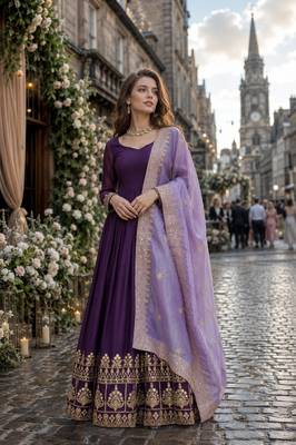 purple georgette readymade anarkali suit with zari & sequence work 1