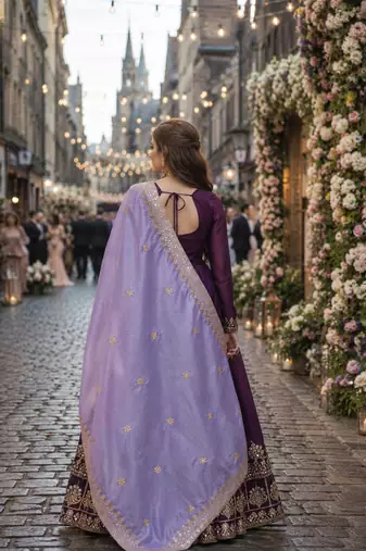 purple georgette readymade anarkali suit with zari & sequence work