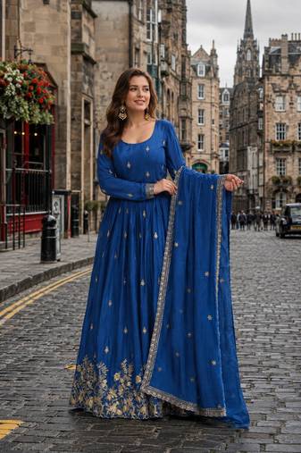  blue chinon readymade anarkali suit with zari & sequence work