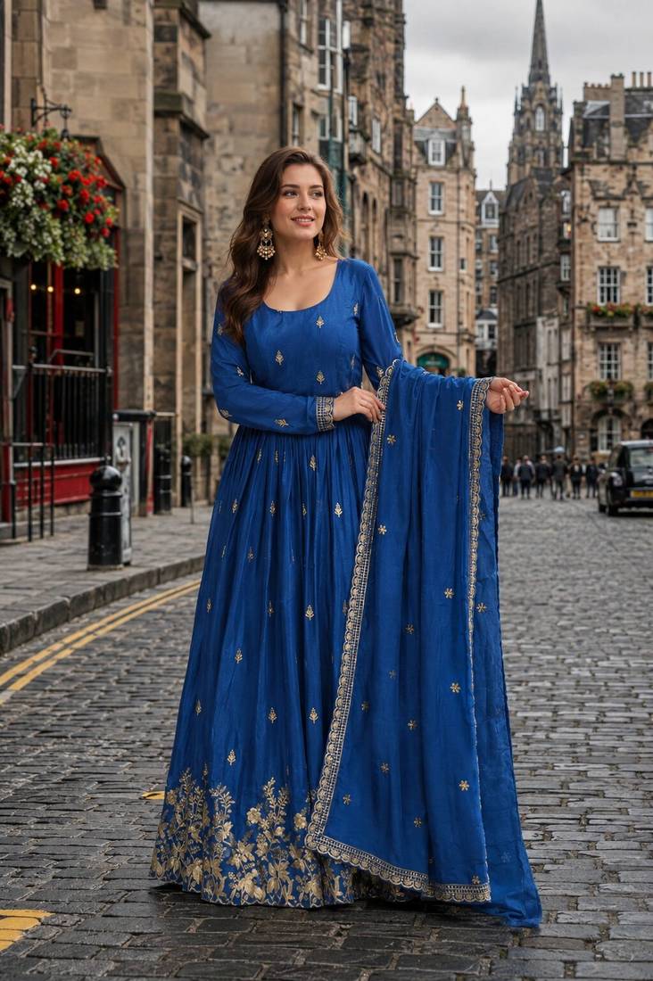  blue chinon readymade anarkali suit with zari & sequence work