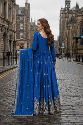  blue chinon readymade anarkali suit with zari & sequence work 2