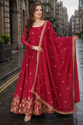 red chinon readymade anarkali suit with zari & sequence work