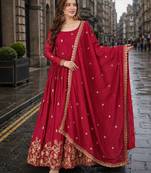 red chinon readymade anarkali suit with zari & sequence work