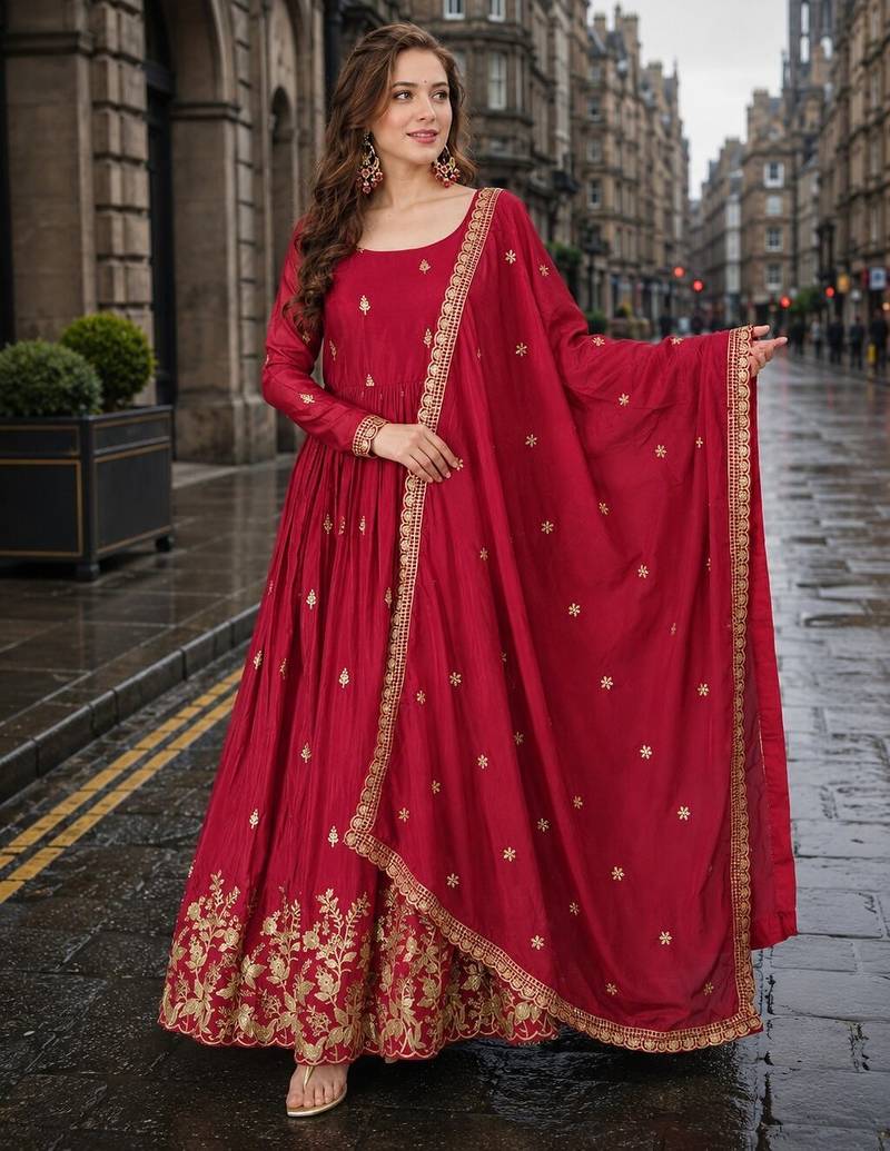 red chinon readymade anarkali suit with zari & sequence work