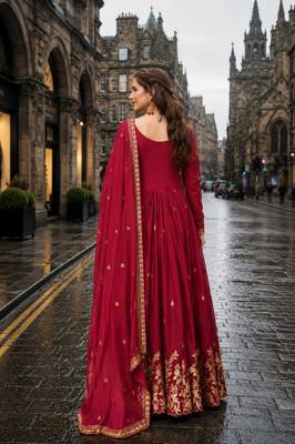 red chinon readymade anarkali suit with zari & sequence work 2