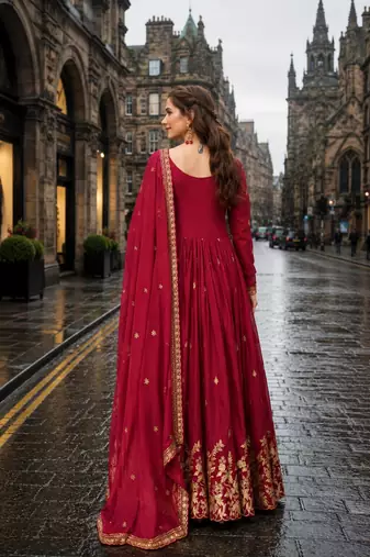 red chinon readymade anarkali suit with zari & sequence work