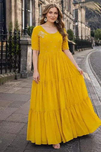yellow georgette readymade gown with embroidery & beads work