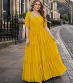 yellow georgette readymade gown with embroidery & beads work
