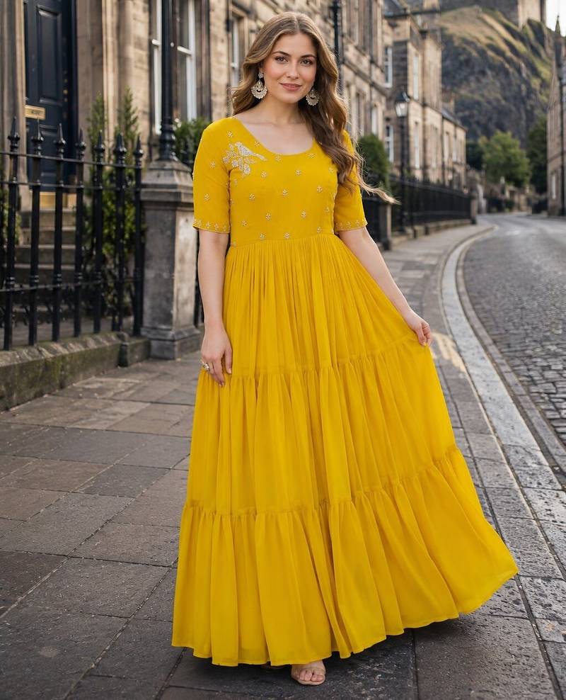 yellow georgette readymade gown with embroidery & beads work
