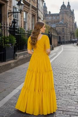 yellow georgette readymade gown with embroidery & beads work 2
