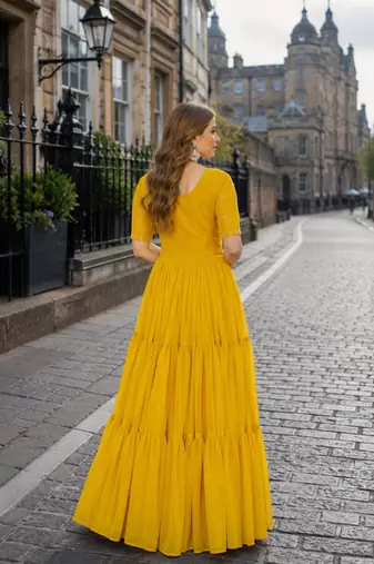 yellow georgette readymade gown with embroidery & beads work