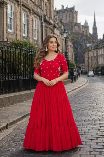 red georgette readymade gown with embroidery & beads work