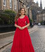 red georgette readymade gown with embroidery & beads work