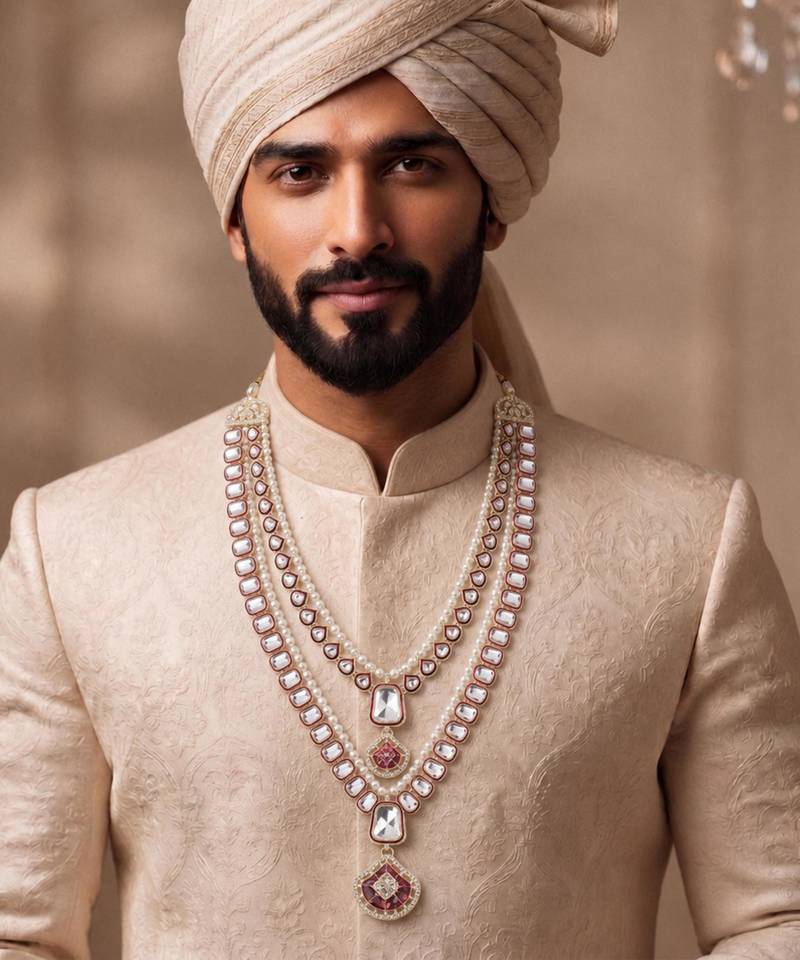 Maroon kundan pearl necklace for men – heritage inspired jewellery