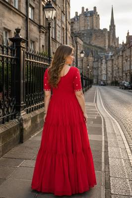red georgette readymade gown with embroidery & beads work 2