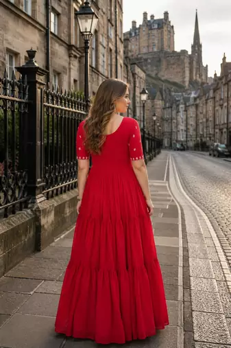 red georgette readymade gown with embroidery & beads work