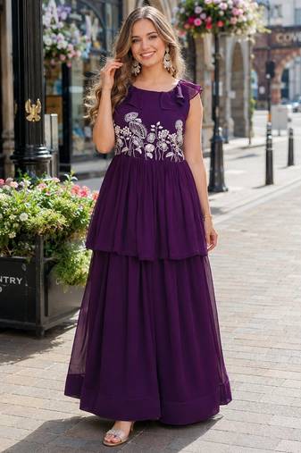 violet georgette readymade gown with embroidery & beads work