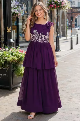 violet georgette readymade gown with embroidery & beads work