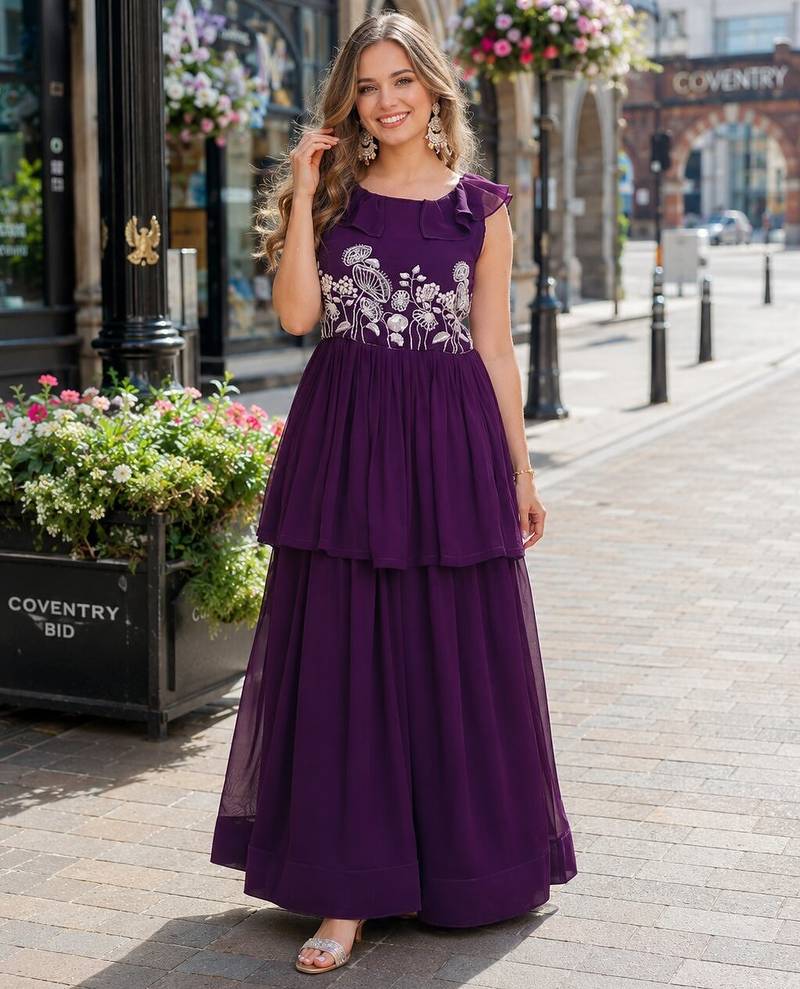 violet georgette readymade gown with embroidery & beads work